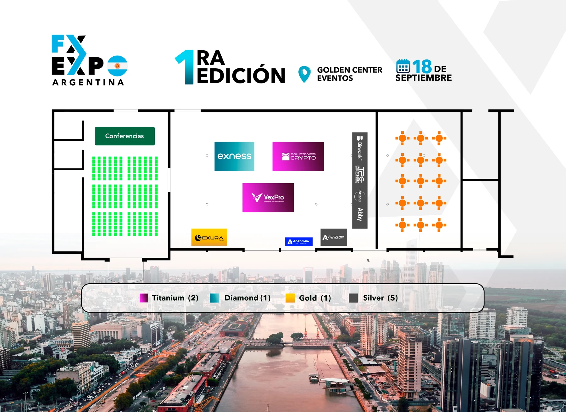 Planta da FX Expo Argentina no Golden Center Eventos: sala de conferências, estandes e área de networking